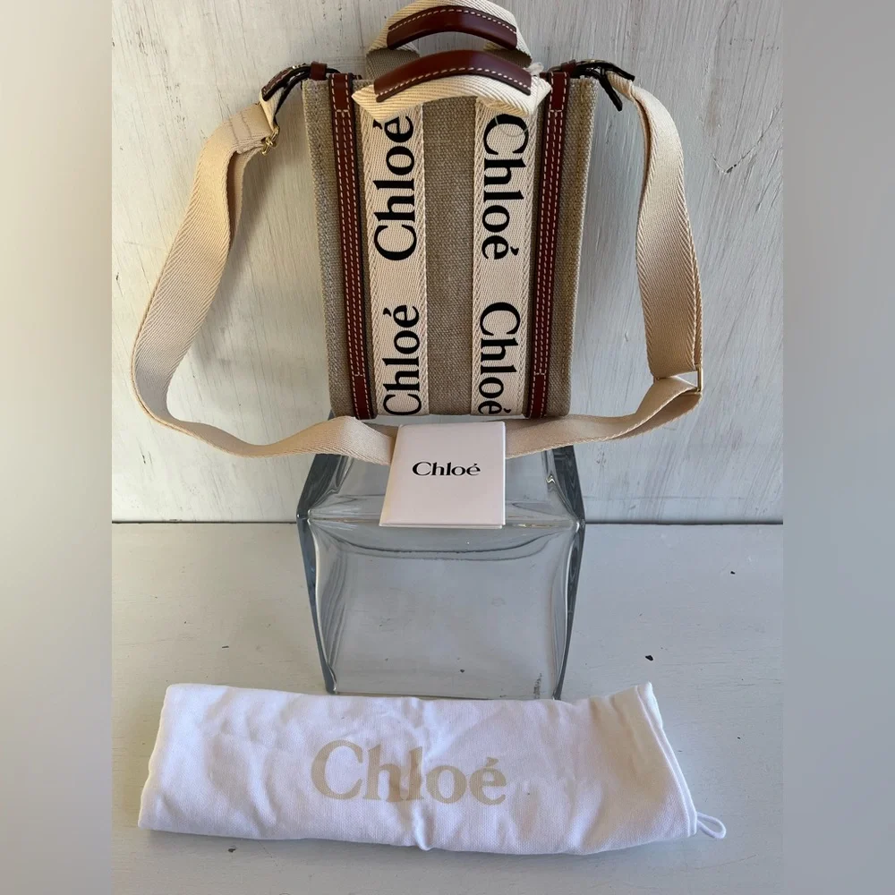 Chloé Mini Woody Linen Canvas North/South Tote- White-Brown